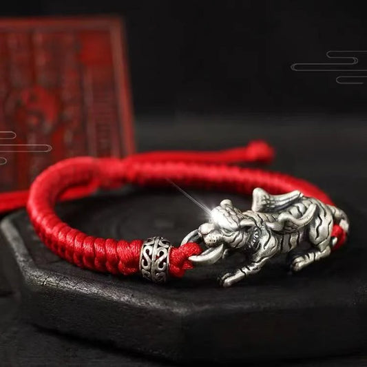 Fengshui Tiger Bracelet - Wealth Coin 925 Silver Red String