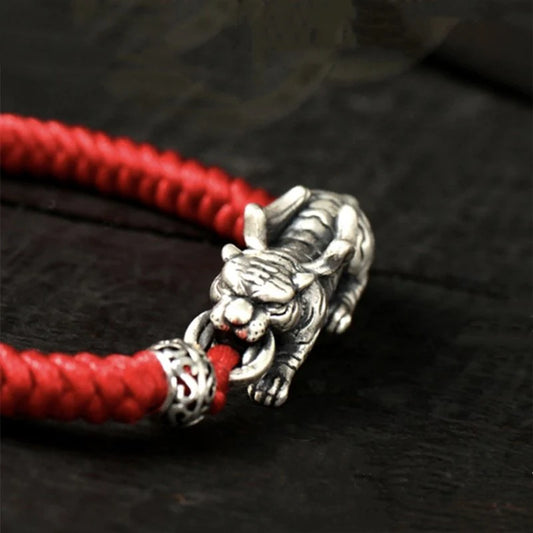 Fengshui Tiger Bracelet - Wealth Coin 925 Silver Red String