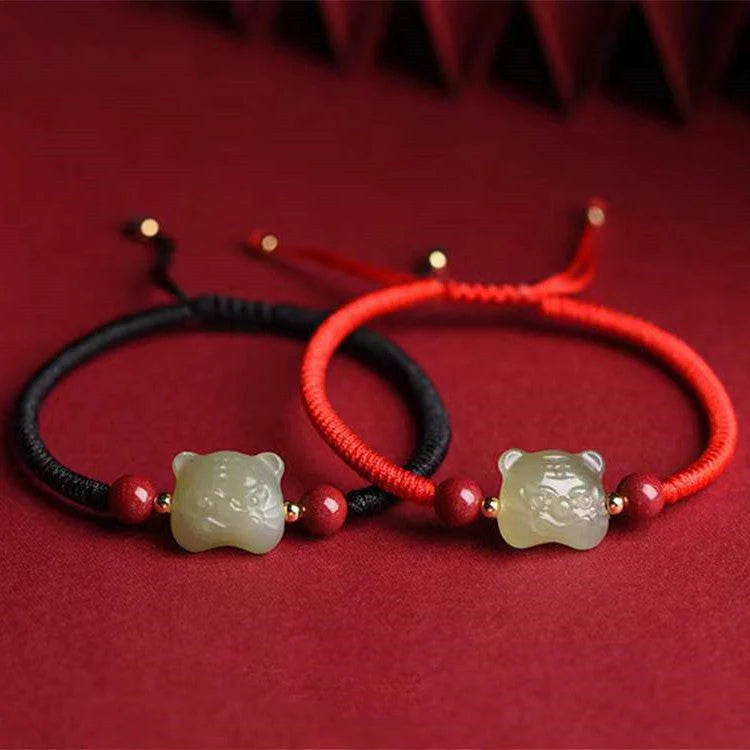 Fengshui Tiger Natural Green Jade Red String Bracelet - Tiger Year