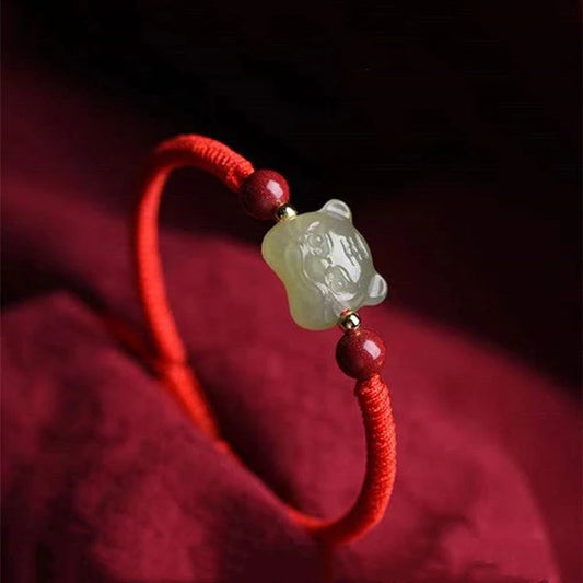 Fengshui Tiger Natural Green Jade Red String Bracelet - Tiger Year