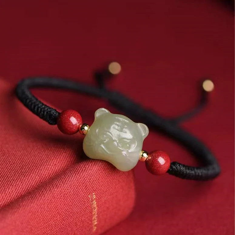 Fengshui Tiger Natural Green Jade Red String Bracelet - Tiger Year