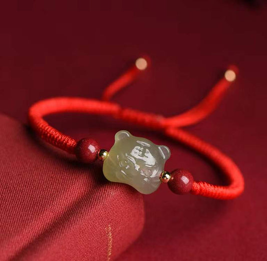 Fengshui Tiger Natural Green Jade Red String Bracelet - Tiger Year