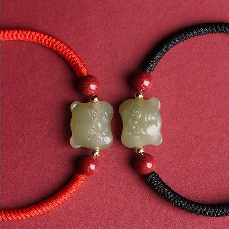 Fengshui Tiger Natural Green Jade Red String Bracelet - Tiger Year