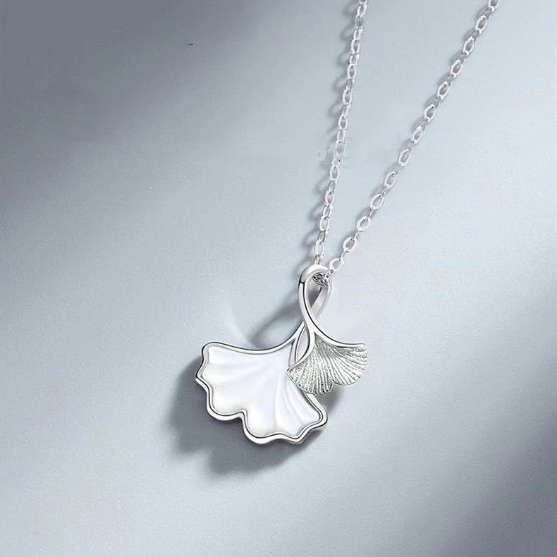 Ginkgo Leaf Pearl Shell Pendant 999 Sterling Silver Necklace