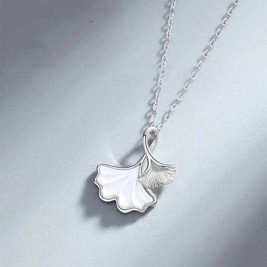 Ginkgo Leaf Pearl Shell Pendant 999 Sterling Silver Necklace