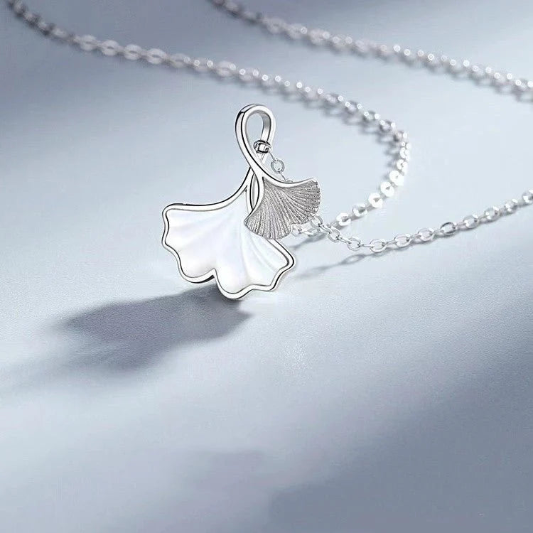 Ginkgo Leaf Pearl Shell Pendant 999 Sterling Silver Necklace