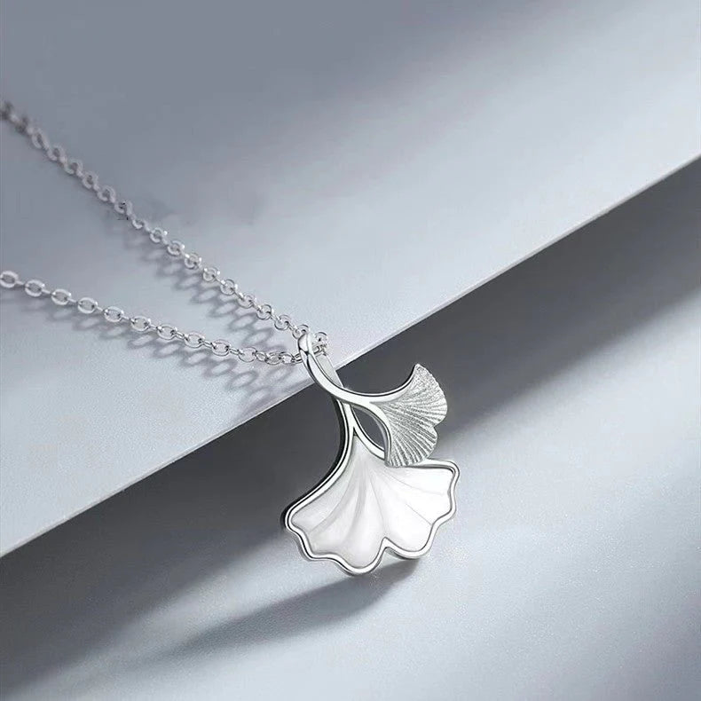 Ginkgo Leaf Pearl Shell Pendant 999 Sterling Silver Necklace