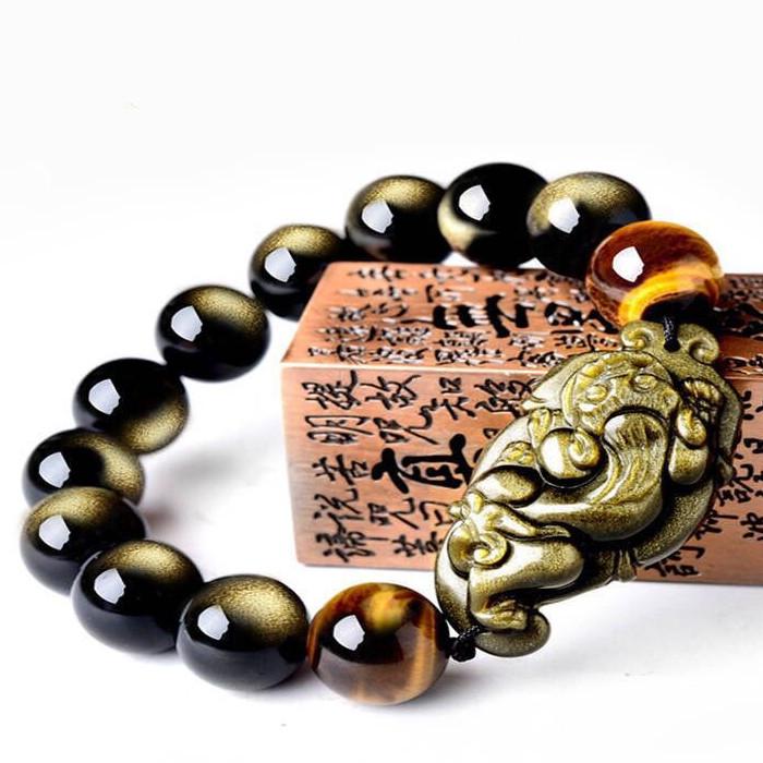 Gold Obsidian Pixiu Tiger Eye Beads Protection Bracelet