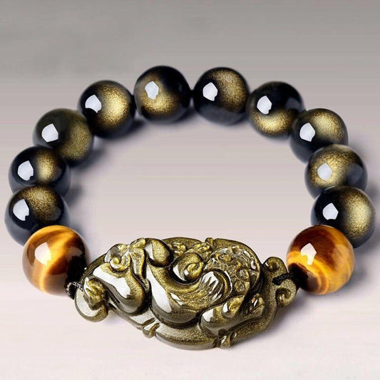 Gold Obsidian Pixiu Tiger Eye Beads Protection Bracelet