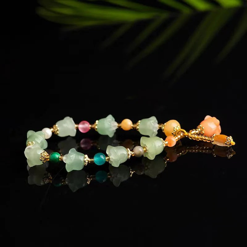 Golden Silk Jade Flower Bracelet - Natural Green Jade