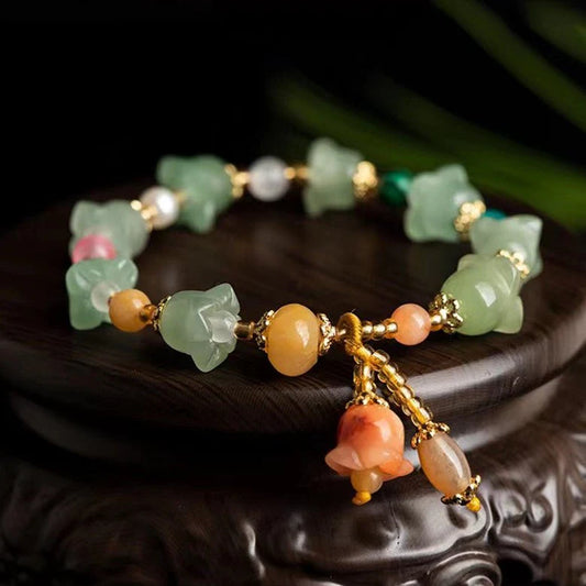 Golden Silk Jade Flower Bracelet - Natural Green Jade