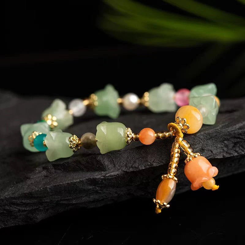 Golden Silk Jade Flower Bracelet - Natural Green Jade