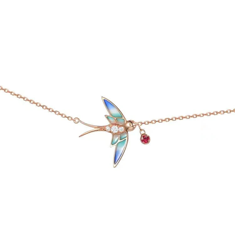 Enamel Good Luck Spring Swallow Pendant 925 Silver Gold Plated Necklace