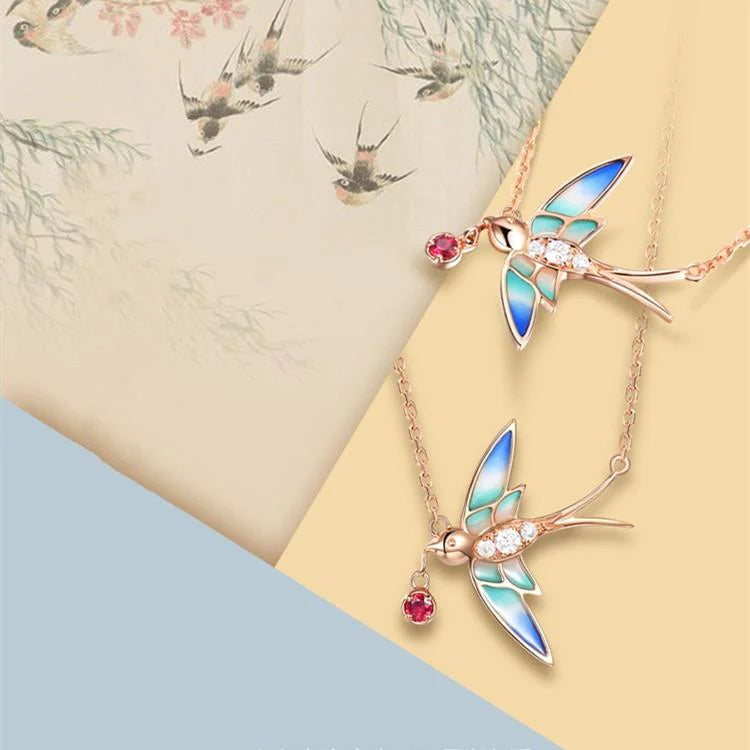 Enamel Good Luck Spring Swallow Pendant 925 Silver Gold Plated Necklace