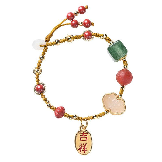 Green Jade Cinnabar Full Blessing Hand Made Lucky Rope Bracelet