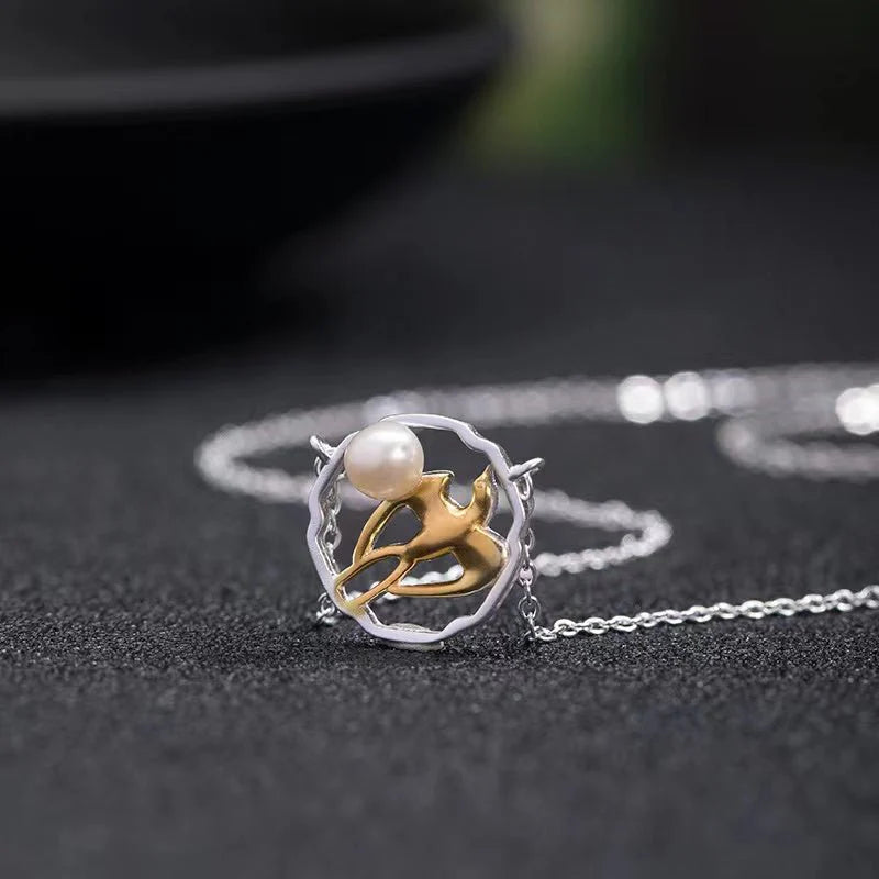 925 Silver Gold-plated Auspicious Swallow Pearl Necklace - Peace And Lucky