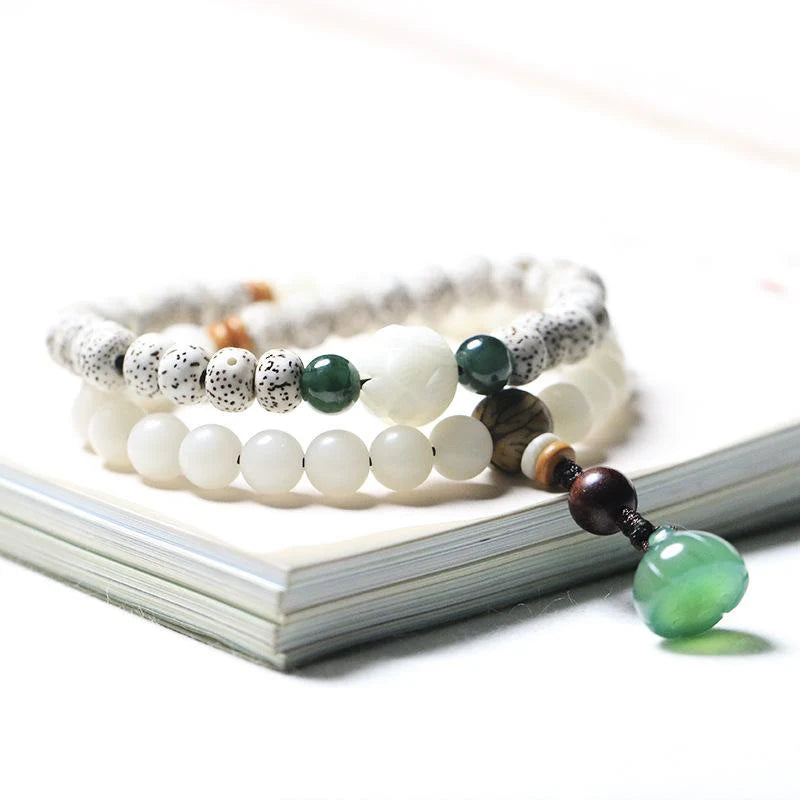 Mala Bracelet-Green Agate Lotus Bodhi Root