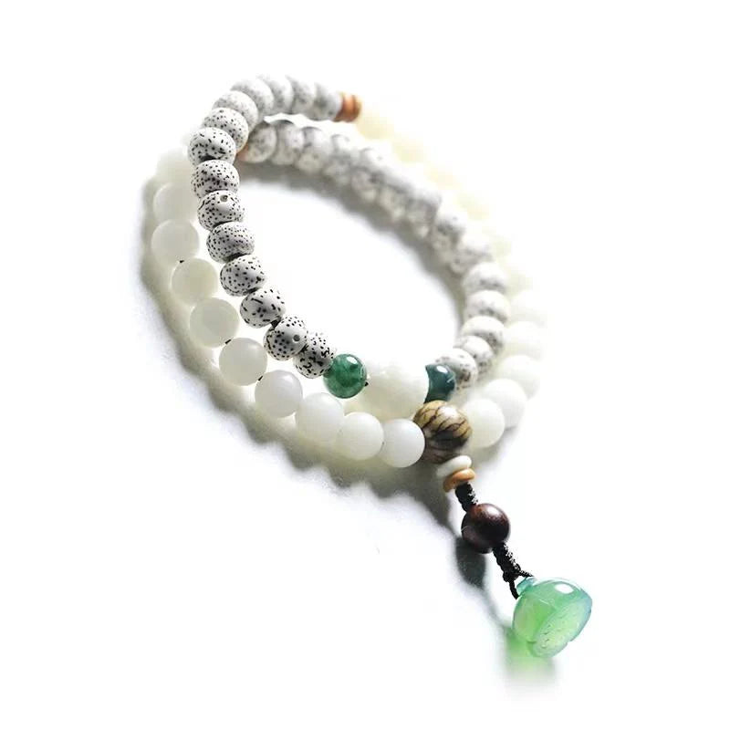 Mala Bracelet-Green Agate Lotus Bodhi Root