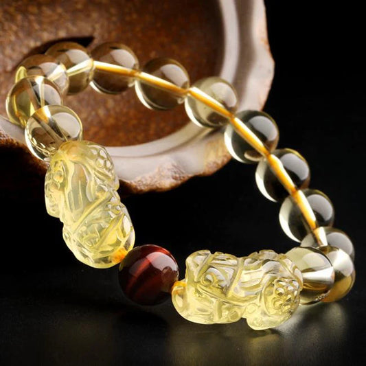 Natural Citrine Double Pixiu Tiger`s Eye Wealth Bracelet