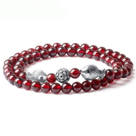 Natural Garnet Stone Double Feng Shui Koi Fish Healing Bracelet