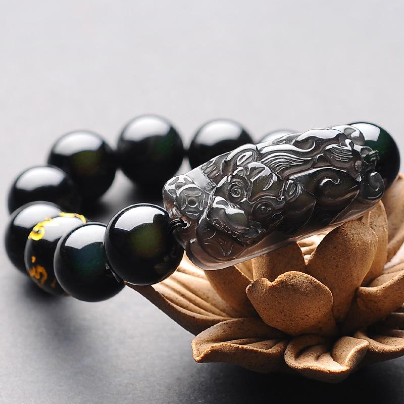 Natural Ice Black Obsidian Pixiu Buddha Beads Wealth Bracelet