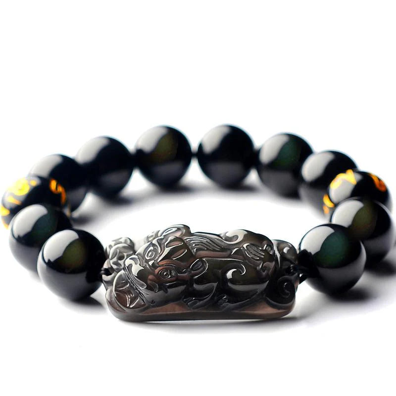 Natural Ice Black Obsidian Pixiu Buddha Beads Wealth Bracelet