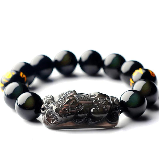 Natural Ice Black Obsidian Pixiu Buddha Beads Wealth Bracelet