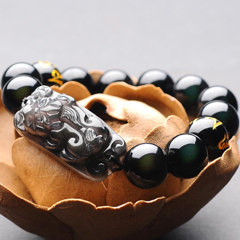 Natural Ice Black Obsidian Pixiu Buddha Beads Wealth Bracelet