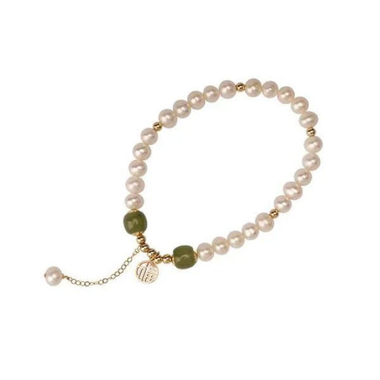 Natural Pearl Bracelet - Green Jade Beads Fu