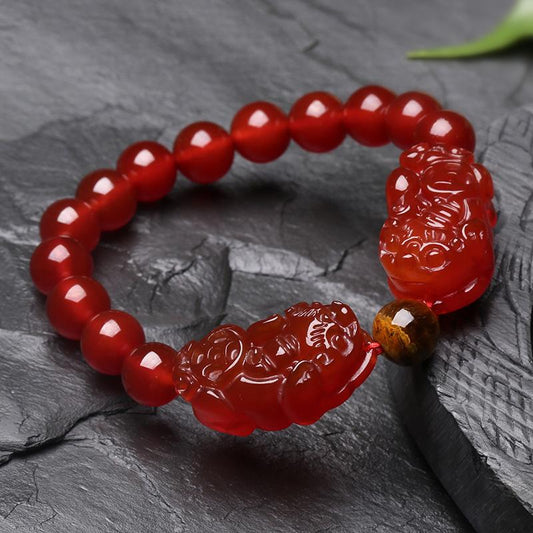 Natural Red Agate Double Pixiu Yellow Tiger Eye Wealth Bracelet