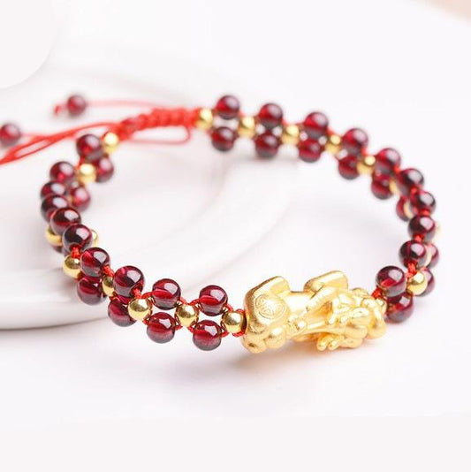 Natural Red Garnet Gold Pixiu Wealth Bracelet