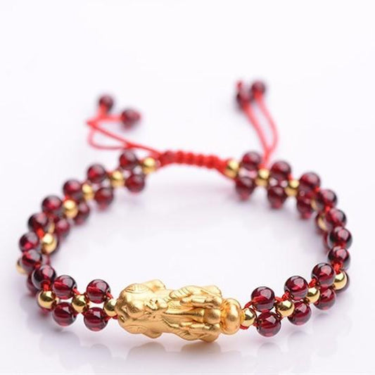 Natural Red Garnet Gold Pixiu Wealth Bracelet