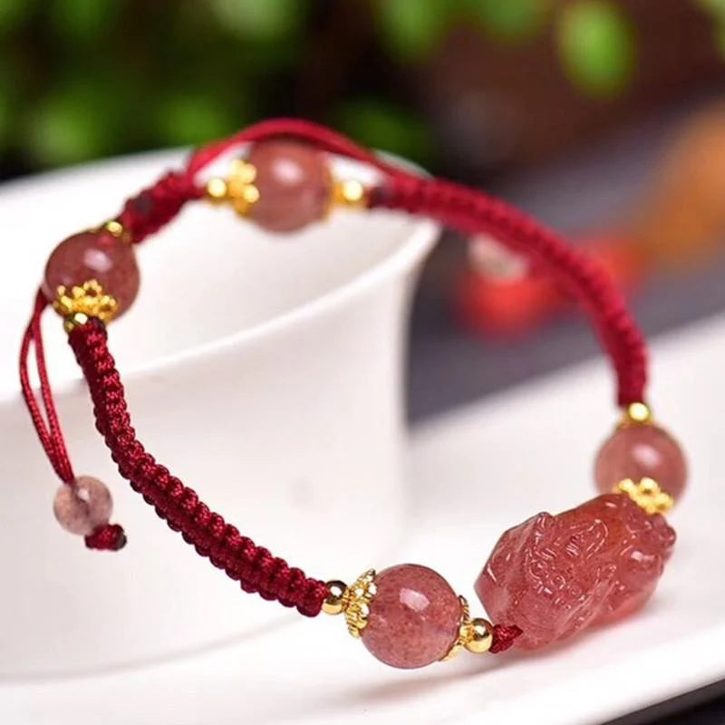 Natural Strawberry Crystal Pixiu Charm Lucky Bracelet