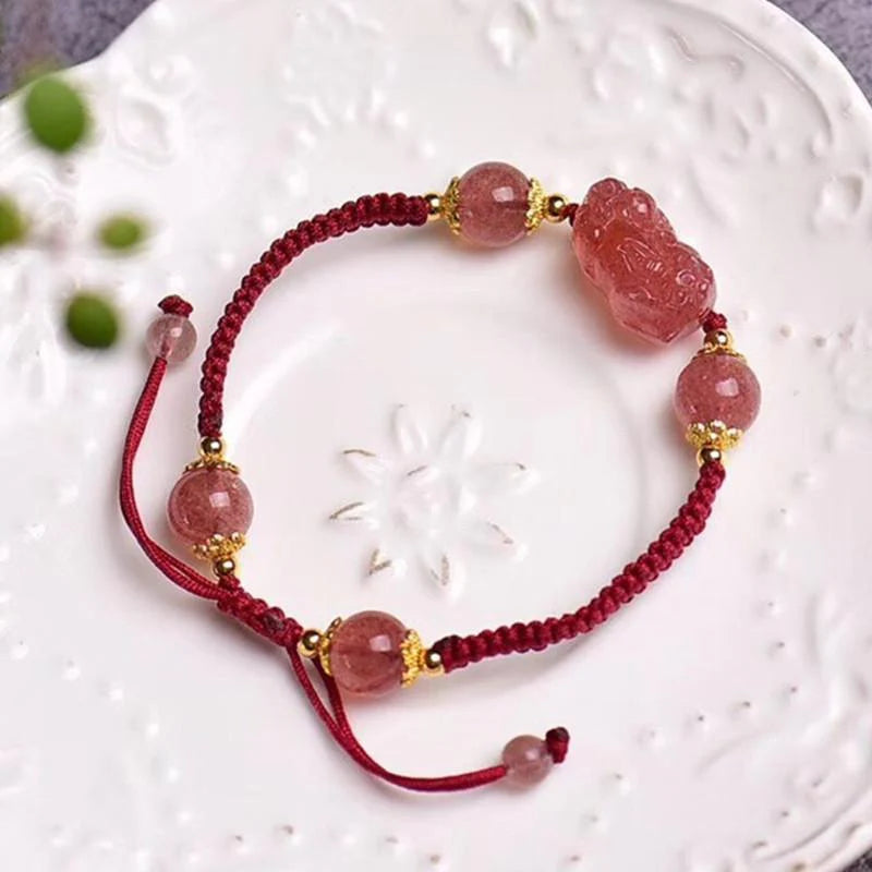 Natural Strawberry Crystal Pixiu Charm Lucky Bracelet