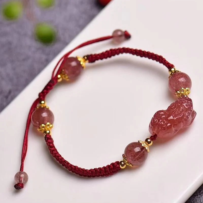 Natural Strawberry Crystal Pixiu Charm Lucky Bracelet