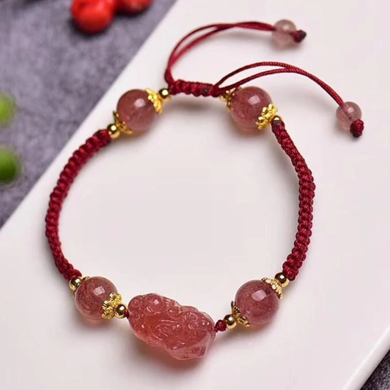 Natural Strawberry Crystal Pixiu Charm Lucky Bracelet