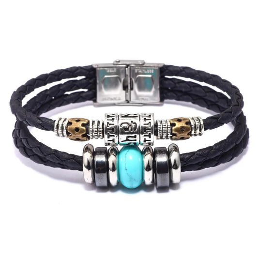 Natural Turquoise Stone Buddha Mantra Leather Healing Bracelet