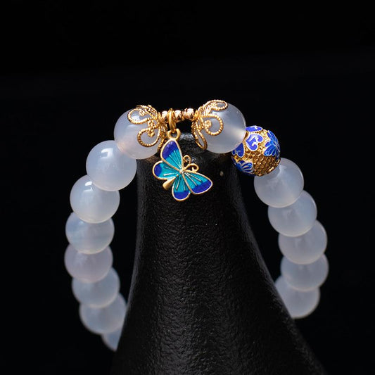 Natural White Agate Cloisonne Butterfly Healing Bracelet