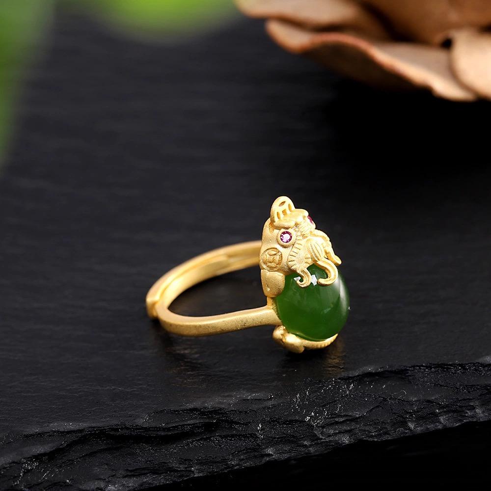 Pixiu Green Jade Ring