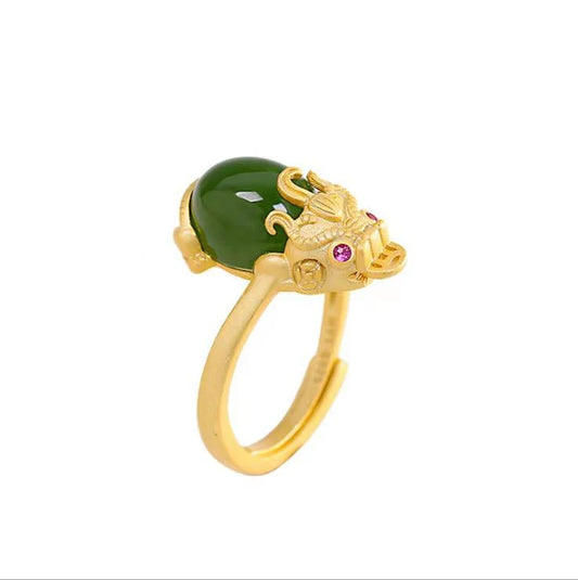 Pixiu Green Jade Ring