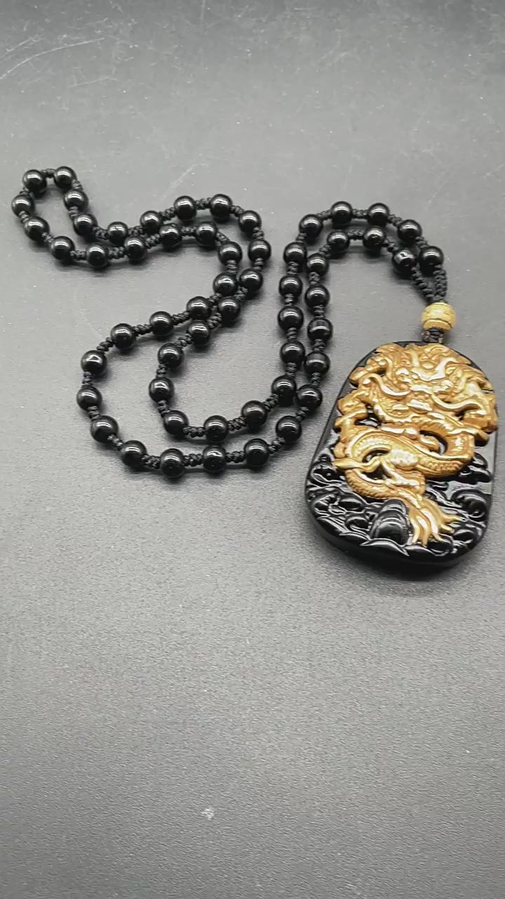 18K Gold Plated Inlay Natural Obsidian Carved Chinese Dragon Pendant Necklace