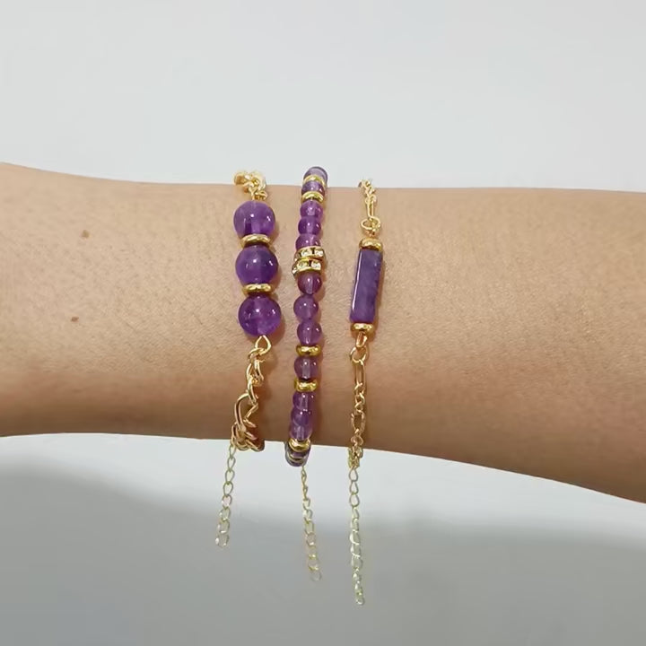 3pcs/set Natural Amethysts Bracelet, 18K Gold Color Chain Rose Pink Quartzs Bracelet Set For Women, Healing Energy Yoga Bracelets