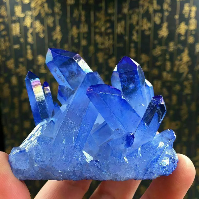 Natural Blue Crystal Quartz Cluster, Titanium Rainbow Lemurian Quartz Cluster, Crystal Point Balance Gemstone Decor