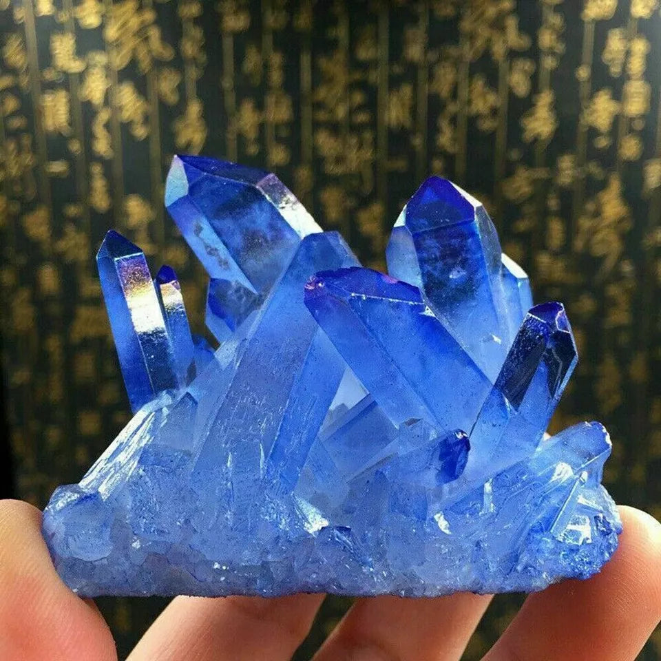 Natural Blue Crystal Quartz Cluster, Titanium Rainbow Lemurian Quartz Cluster, Crystal Point Balance Gemstone Decor