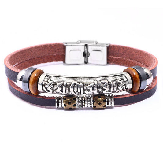 Silver Six Words Mantra Protection Leather Bracelet