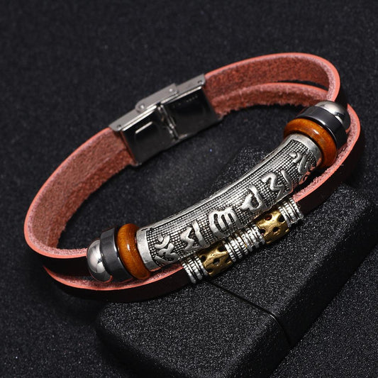 Silver Six Words Mantra Protection Leather Bracelet