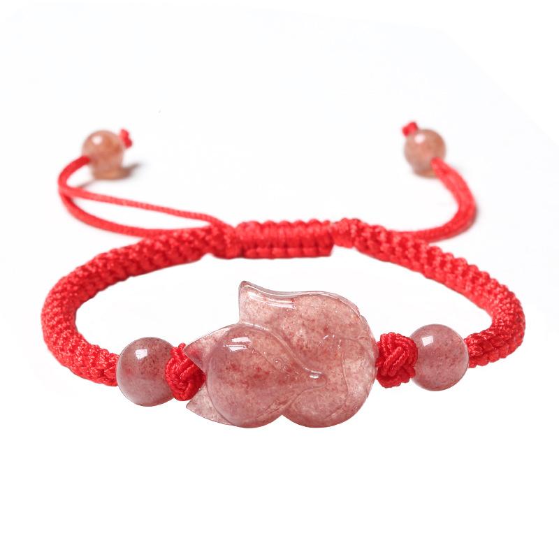 Strawberry Crystal Fox Bracelet - Red String Fengshui Bead