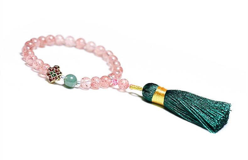 Strawberry Crystal Green Agate Beads Tassel Bracelet