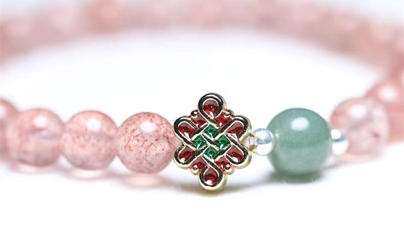 Strawberry Crystal Green Agate Beads Tassel Bracelet