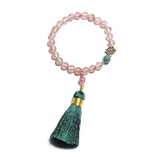 Strawberry Crystal Green Agate Beads Tassel Bracelet